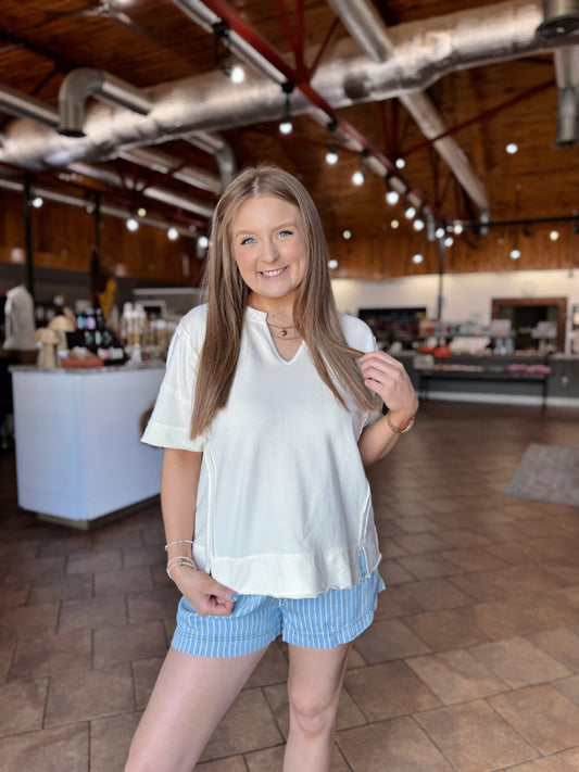 Ivory Washed Split Neck Tee