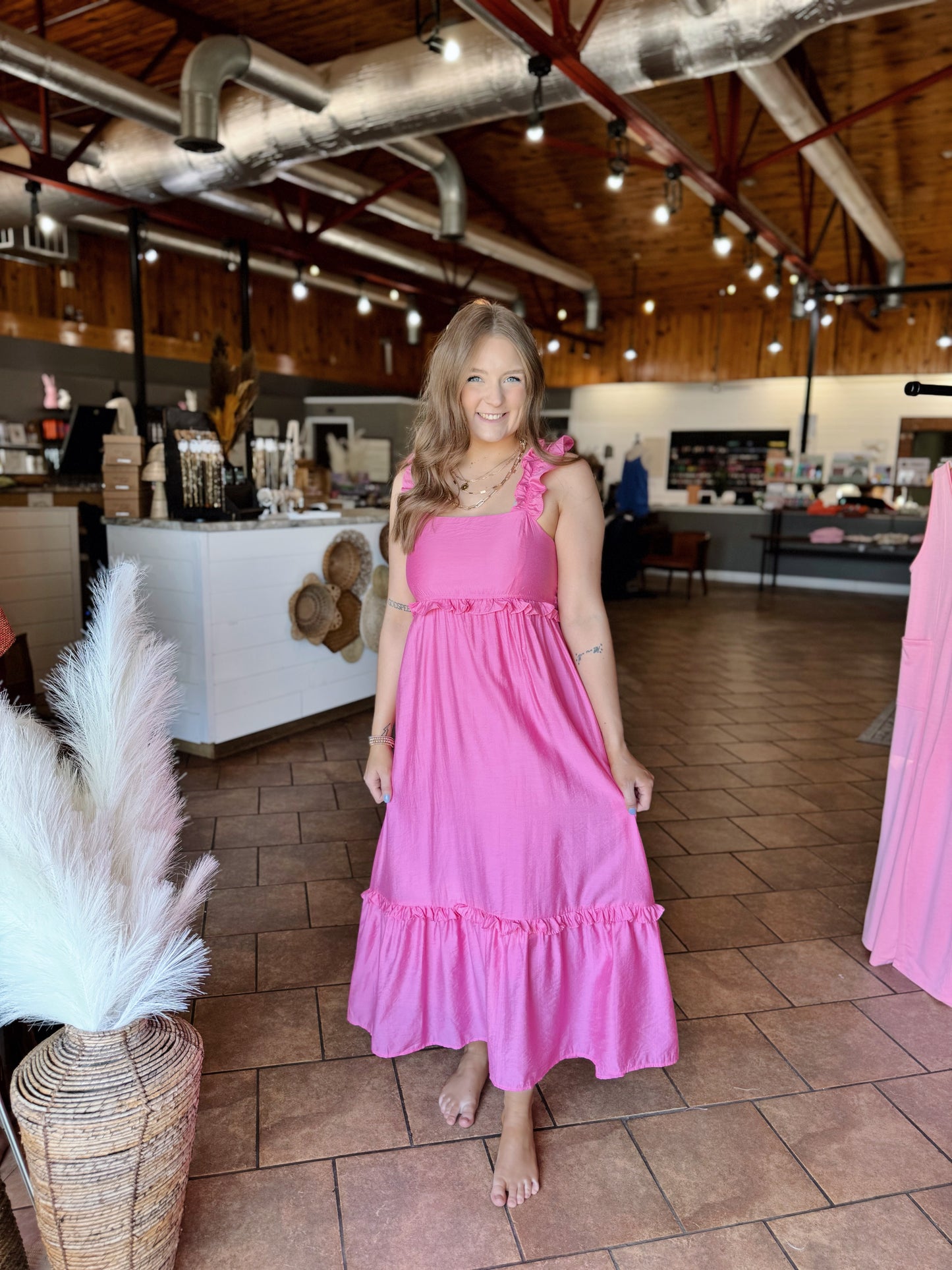 Pink Ruffle Detail Midi Dress