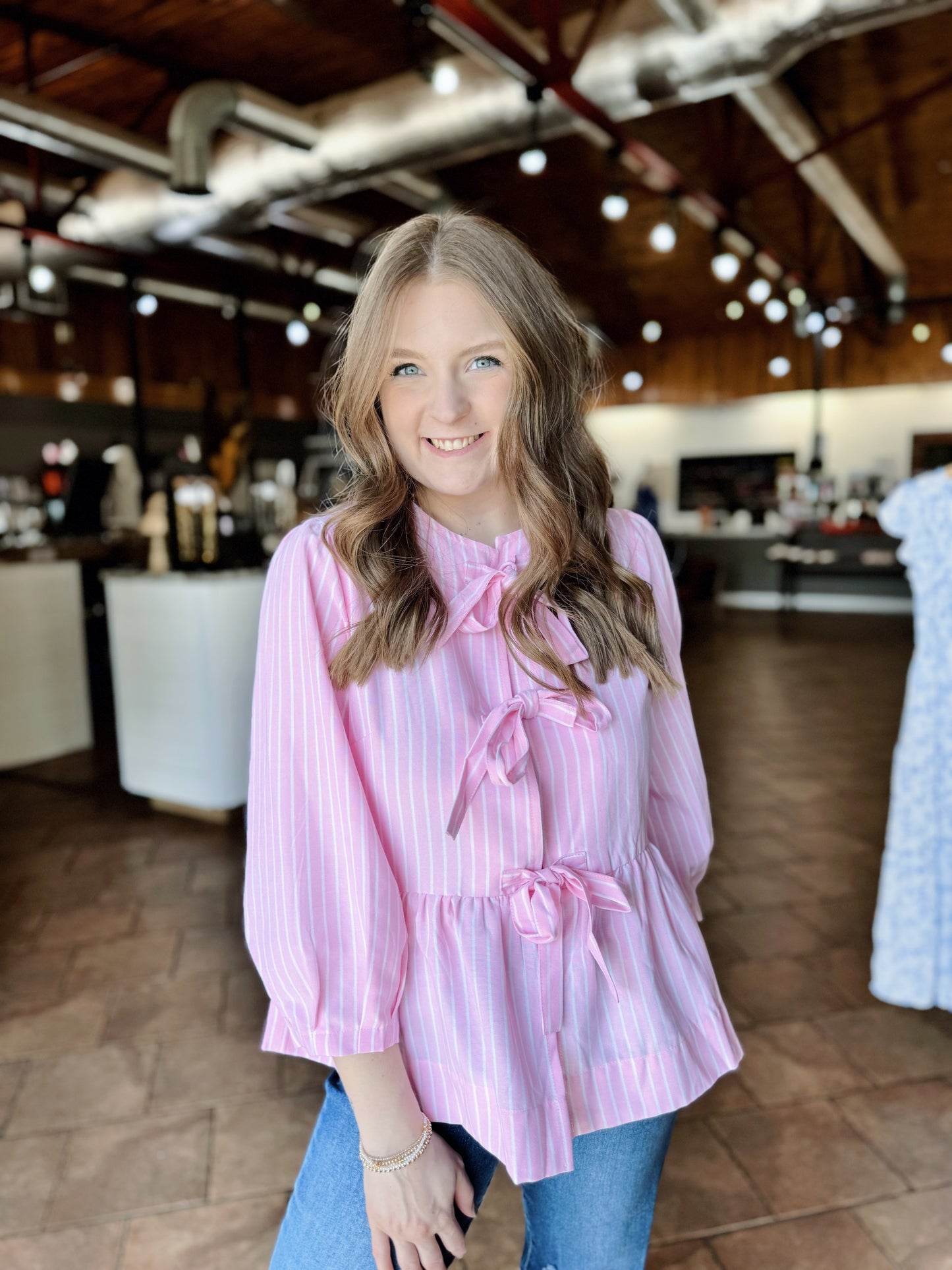 Pink Striped Bow Front Top