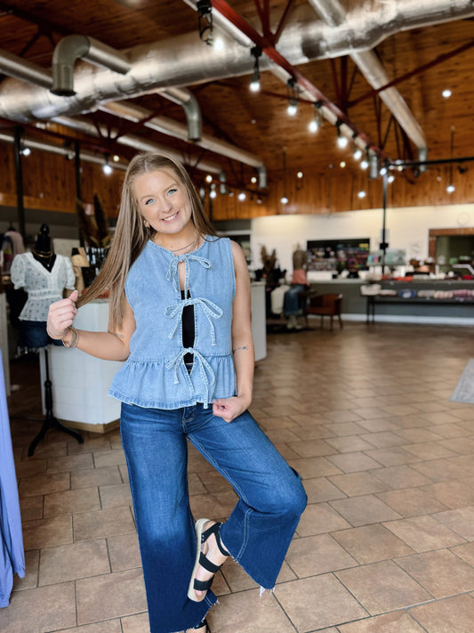 Denim Front Tie Peplum Vest