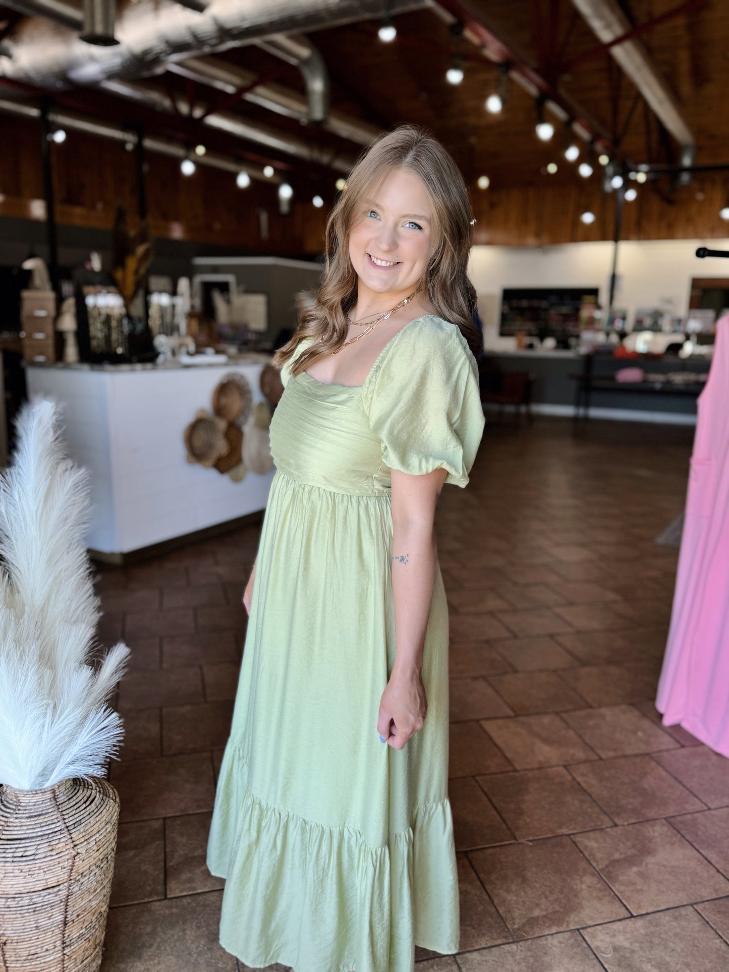 Light Lime Pleated Detail Midi Dress
