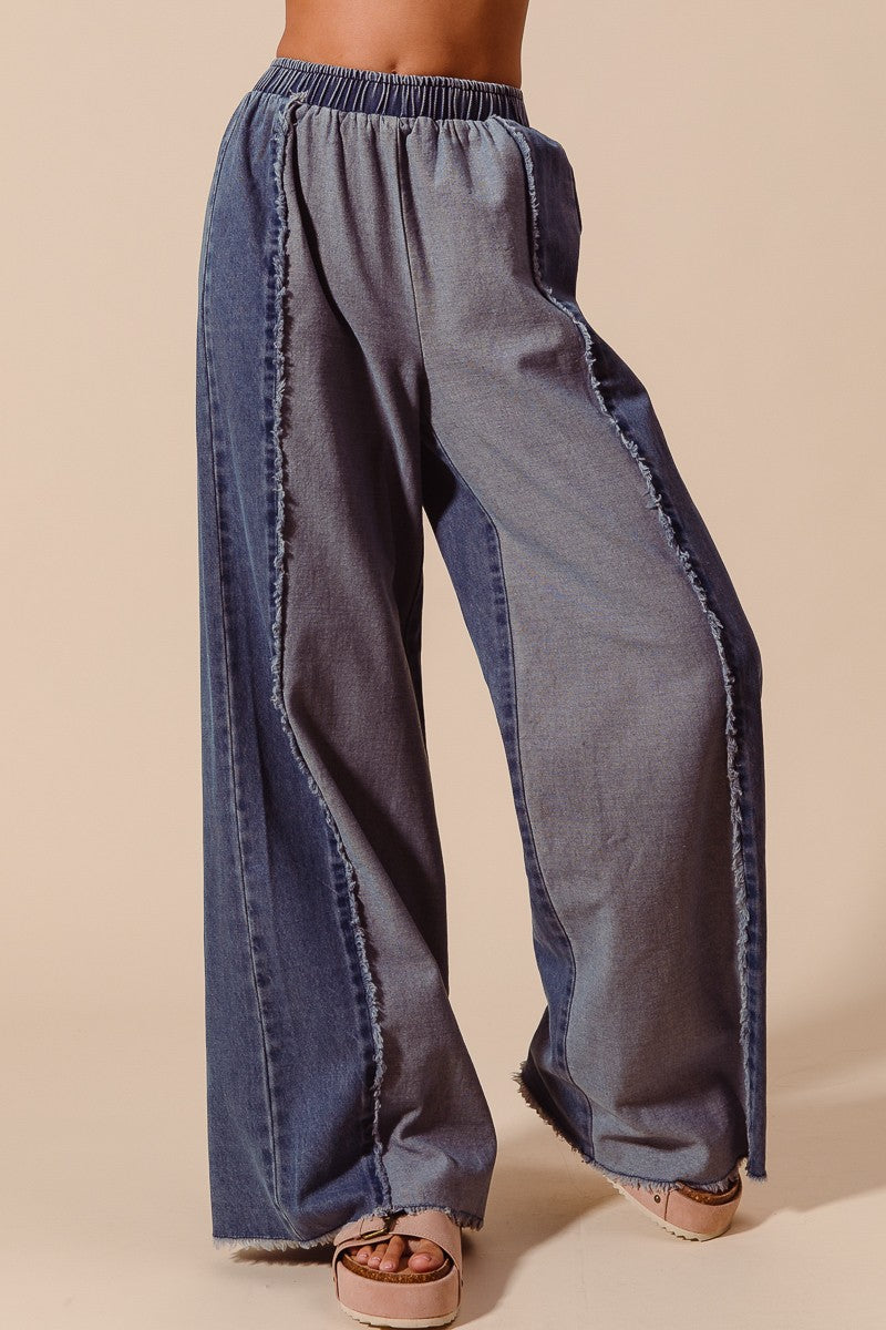 Contrast Frayed Hem Wide Leg Jeans