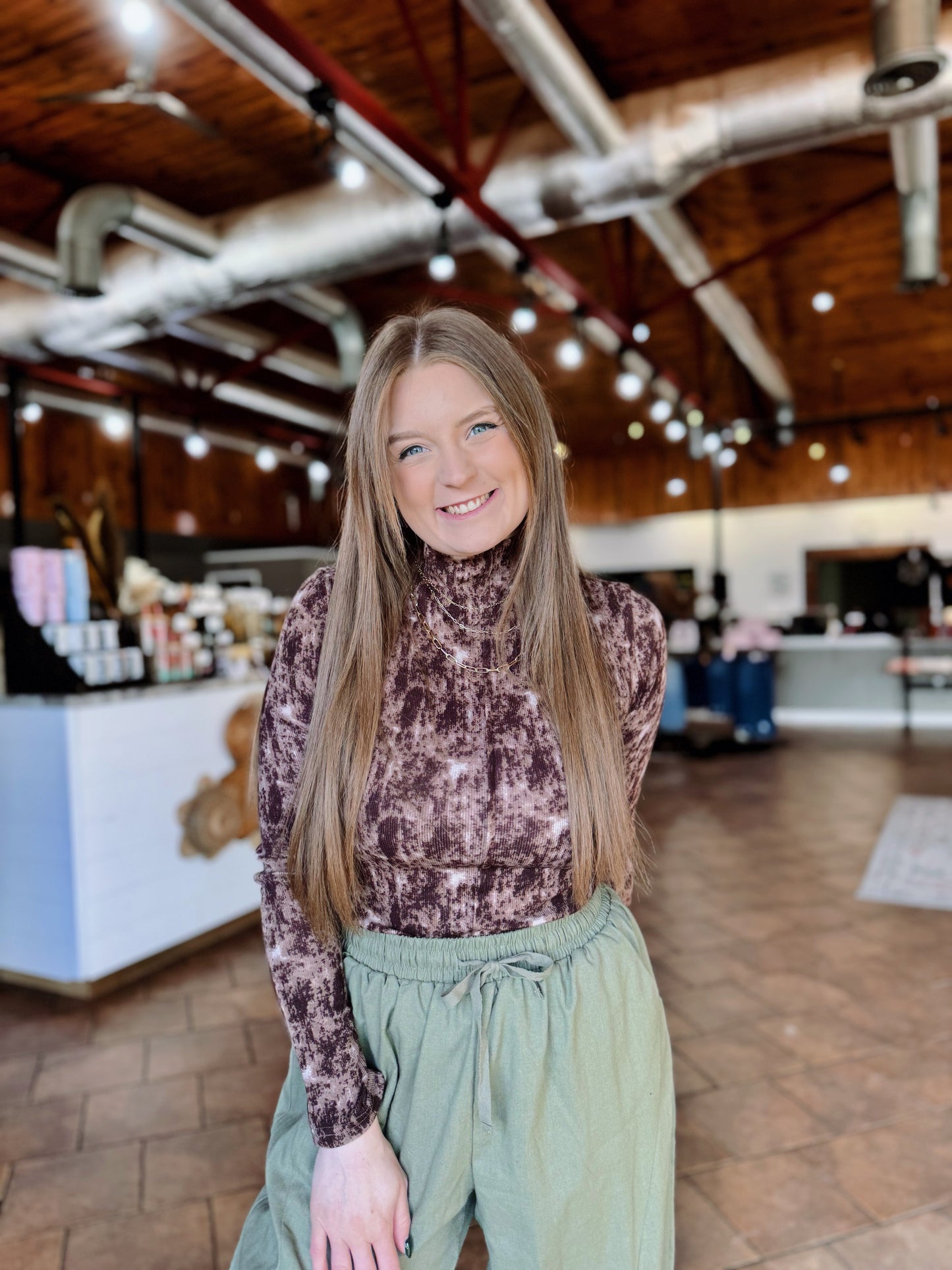 Brown Patterned Mock Neck Top