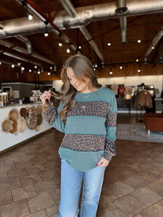 Olive Ribbed Leopard Contrast Top
