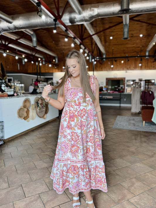 Orange Mix Floral Midi Dress
