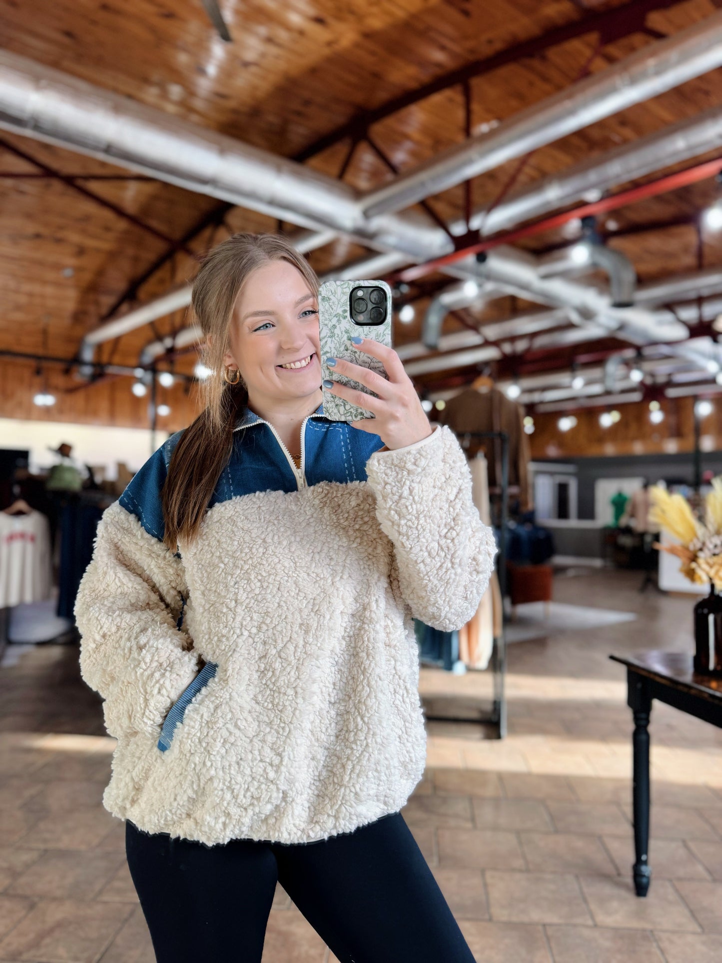 Sherpa Denim Contrast Quarter Zip Top