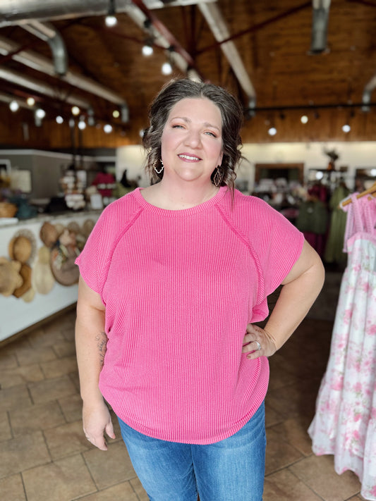 Curvy Pink Ribbed Out Seam Top