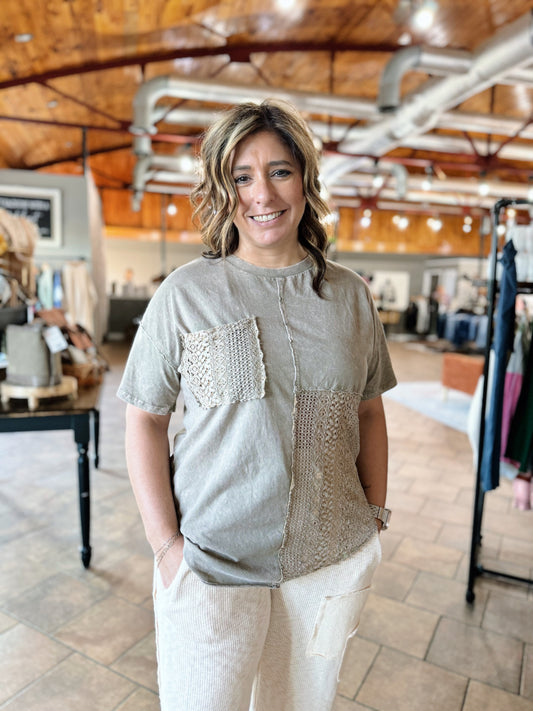 Taupe Mineral Wash Lace Contrast Top