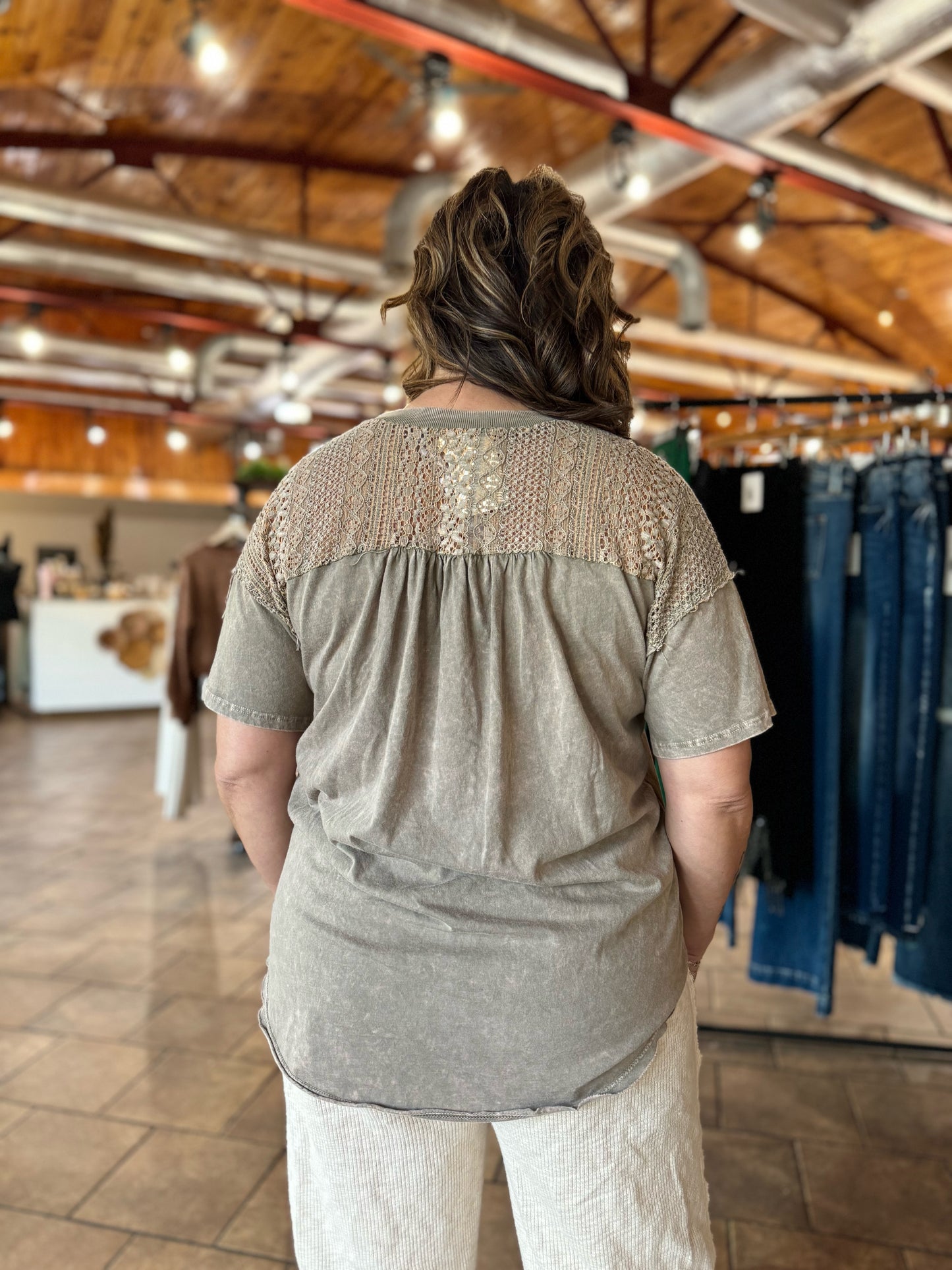 Taupe Mineral Wash Lace Contrast Top