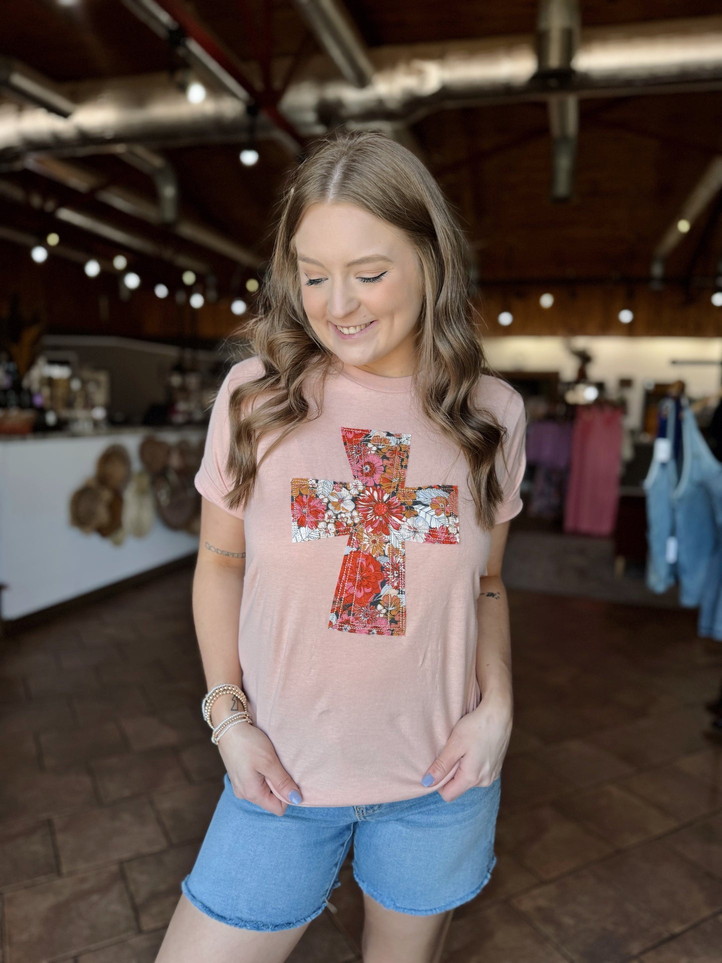 Pink Floral Cross Patchwork Tee