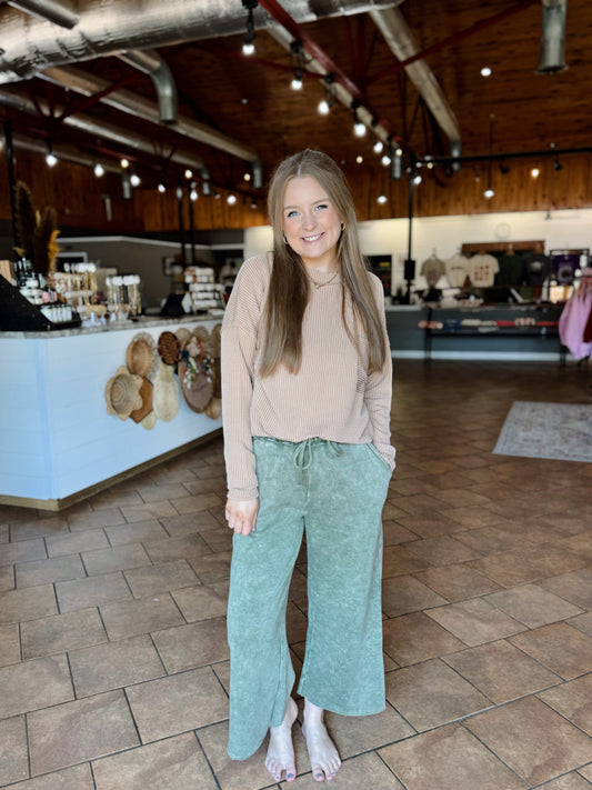 Olive Acid Wash Cropped Pants