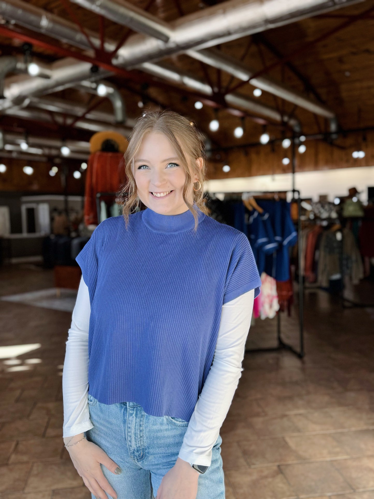 Blue Mock Neck Sweater Vest
