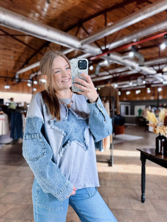 Heather Gray Denim Sleeve Star Top