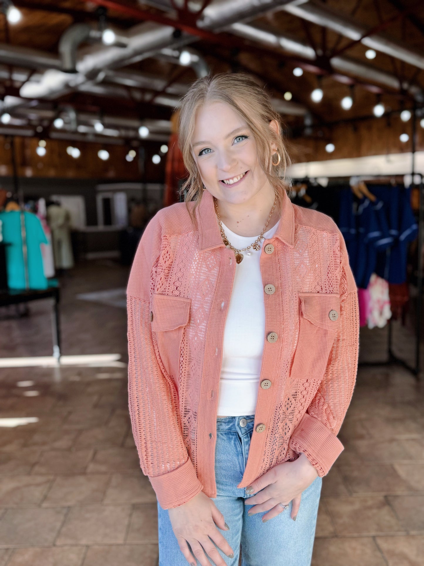 Salmon Lace Sleeve Shacket