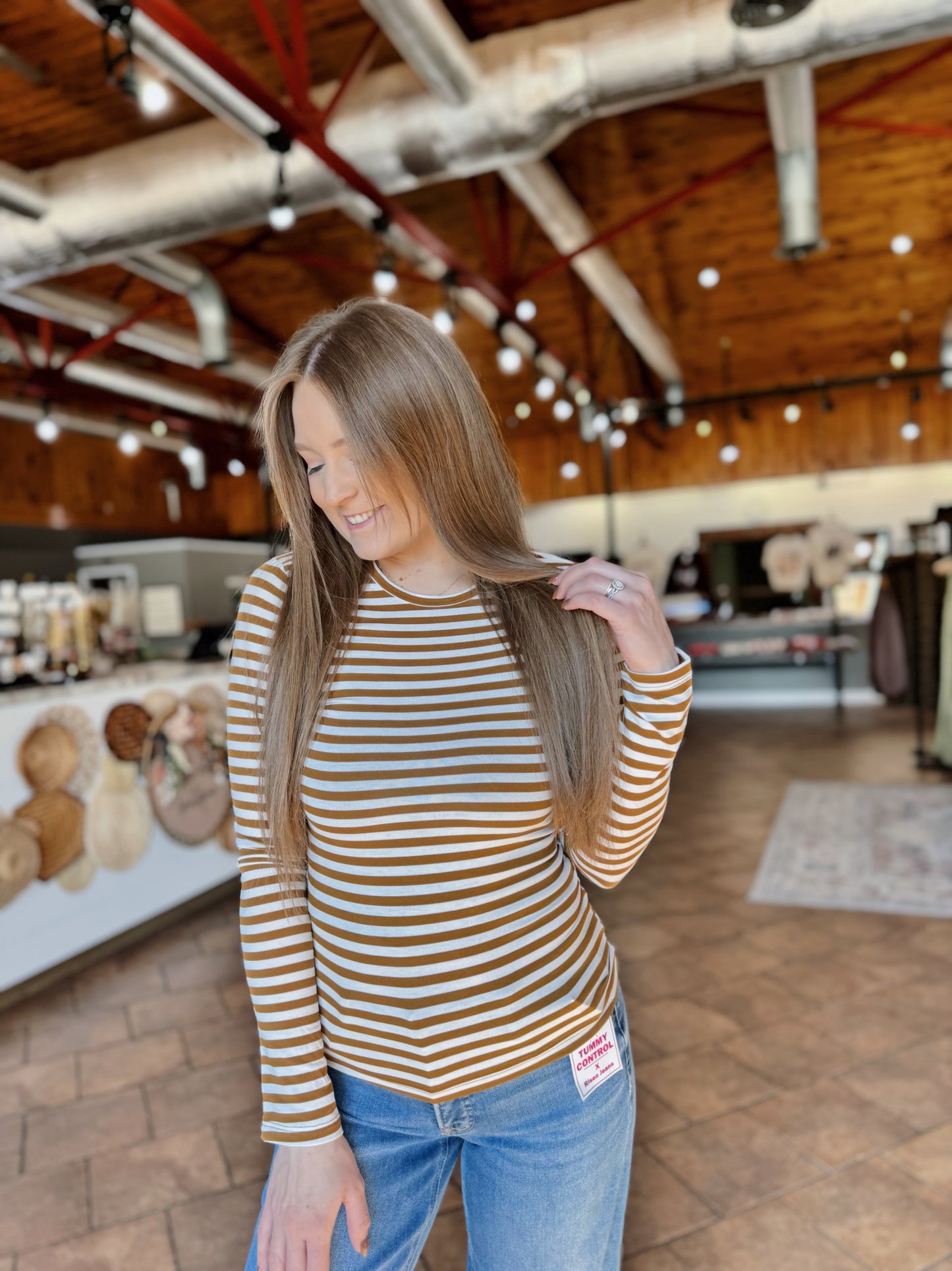 Camel Striped Long Sleeve Top