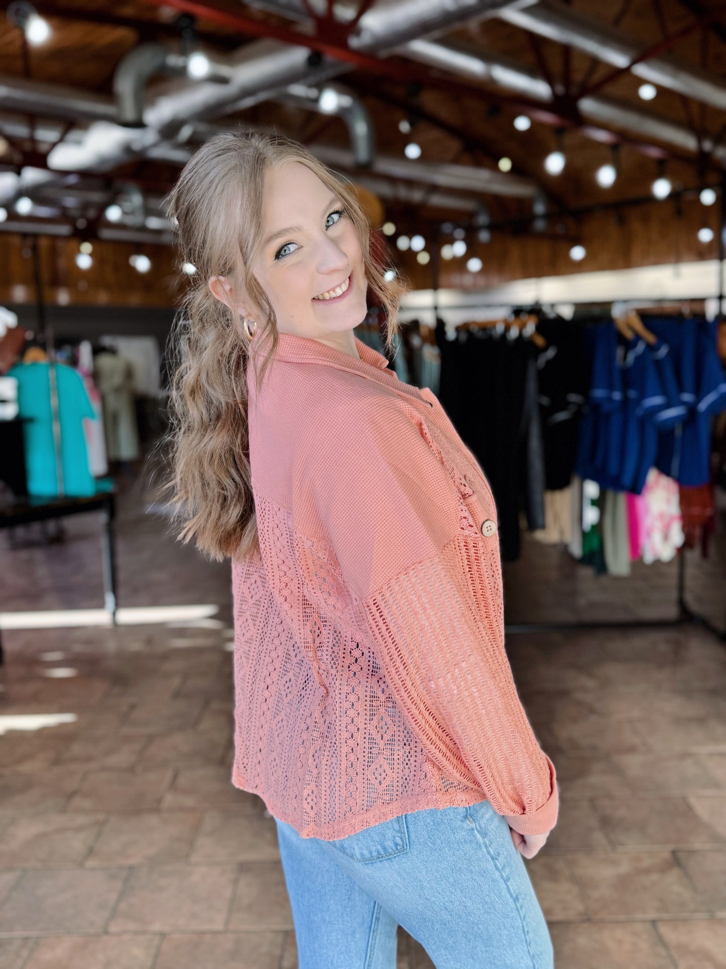 Salmon Lace Sleeve Shacket