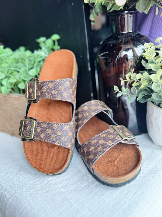 Brown Geometric Buckle Sandals