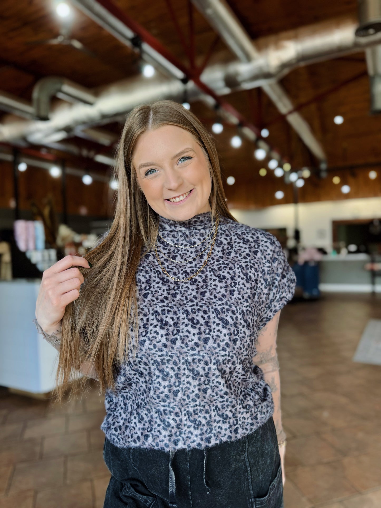 Gray Leopard Mock Neck Sweater Vest