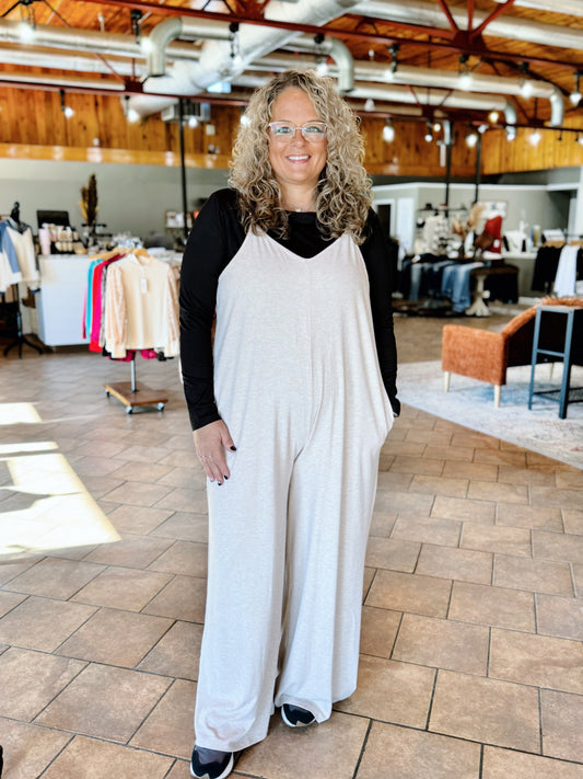 Curvy Oatmeal Ribbed Jumpsuit