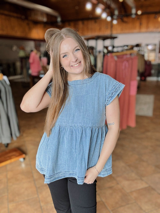 Chambray Braided Sleeve Peplum Top