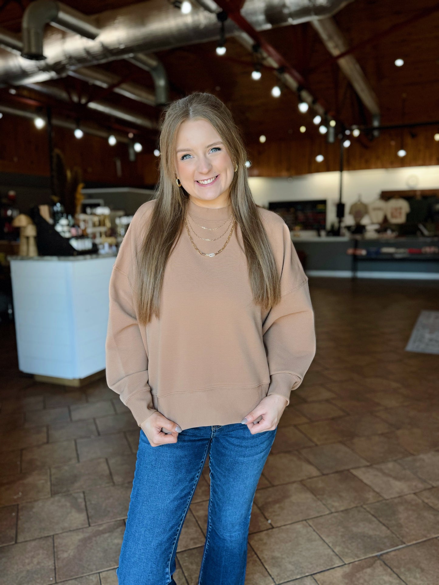 Camel Ribbed Balloon Sleeve Sweater