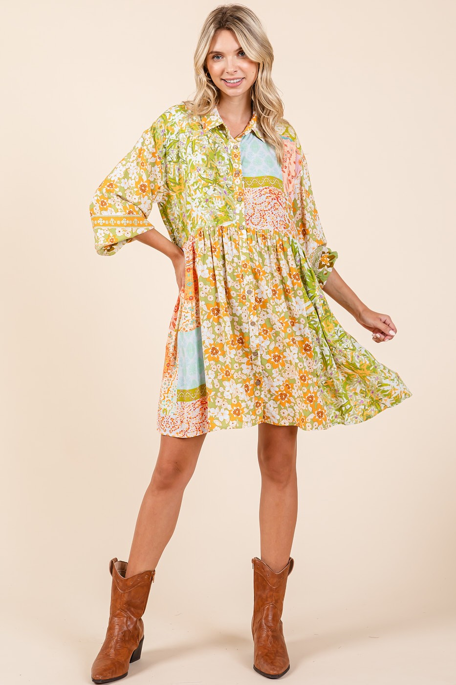 Chartreuse Mixed Floral Baby Doll Dress