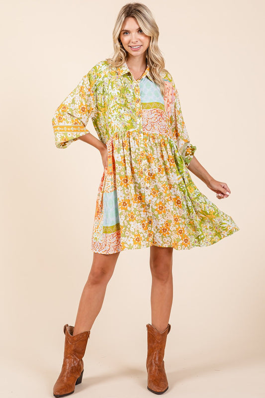Chartreuse Mixed Floral Baby Doll Dress