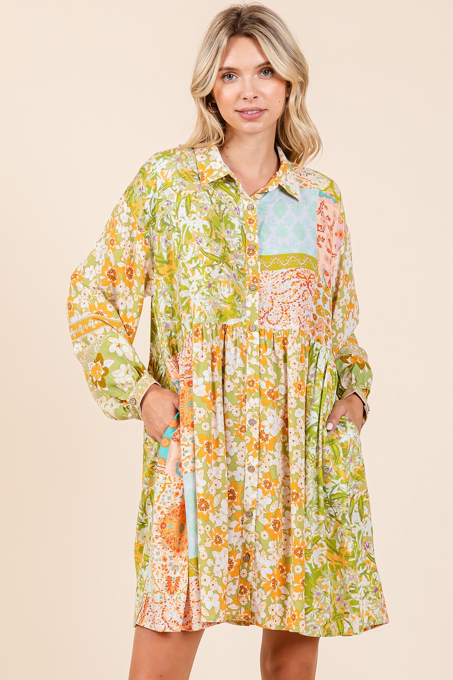 Chartreuse Mixed Floral Baby Doll Dress