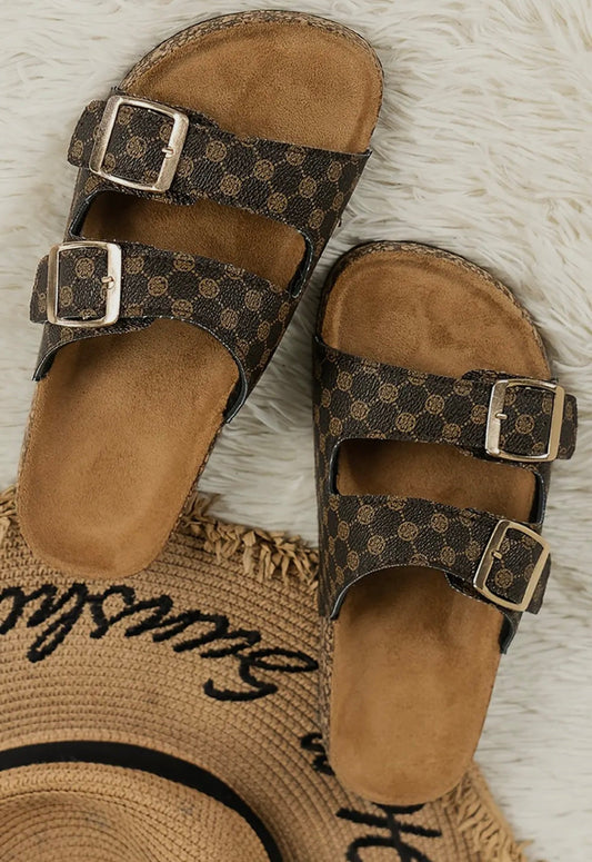 Brown Geometric Buckle Sandals