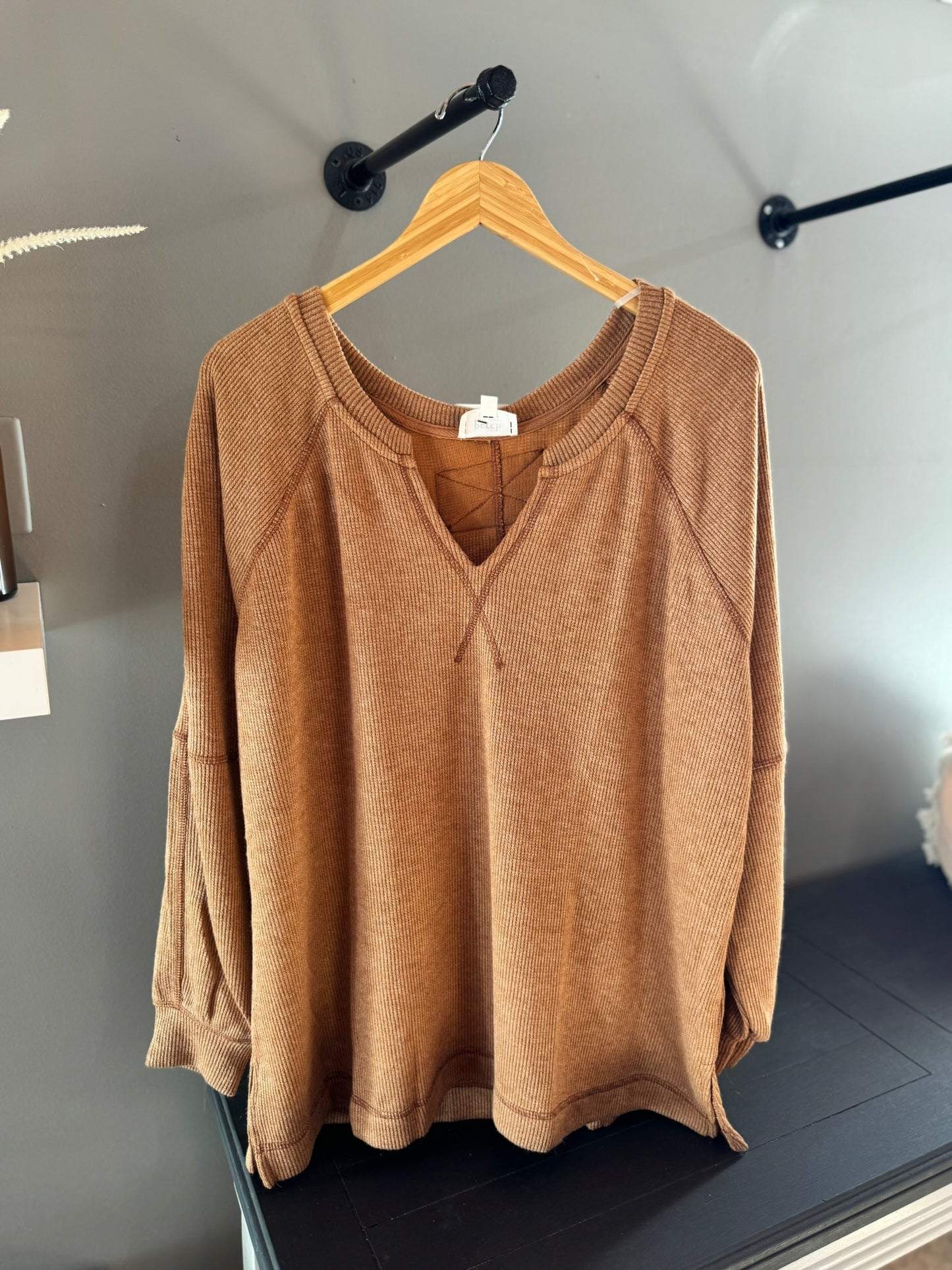 Curvy Camel Ribbed Notched Top