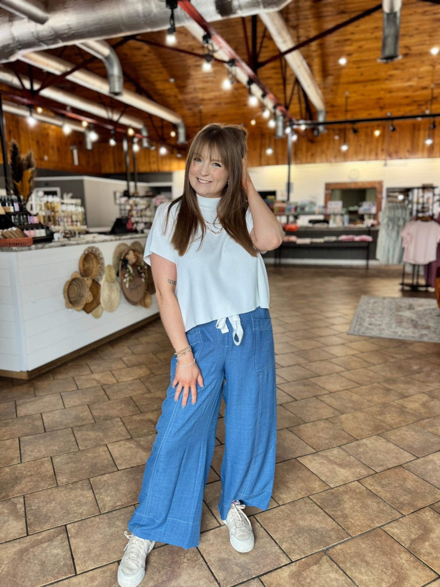Blue Stitched Detail Pants
