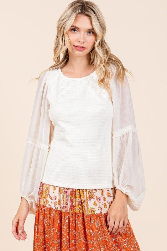Ivory Textured Chiffon Sleeve Top