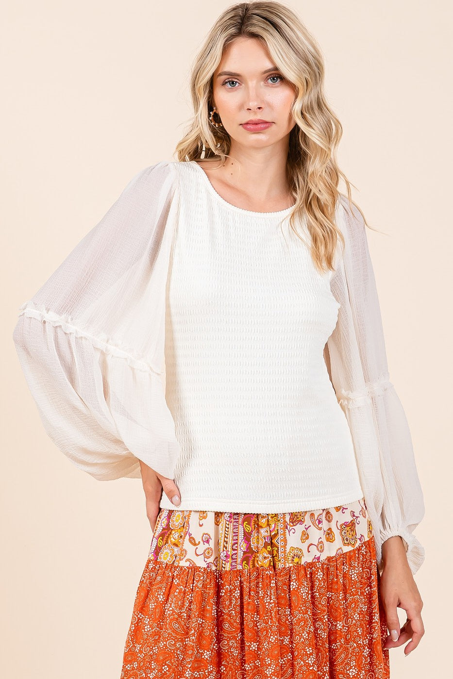 Ivory Textured Chiffon Sleeve Top