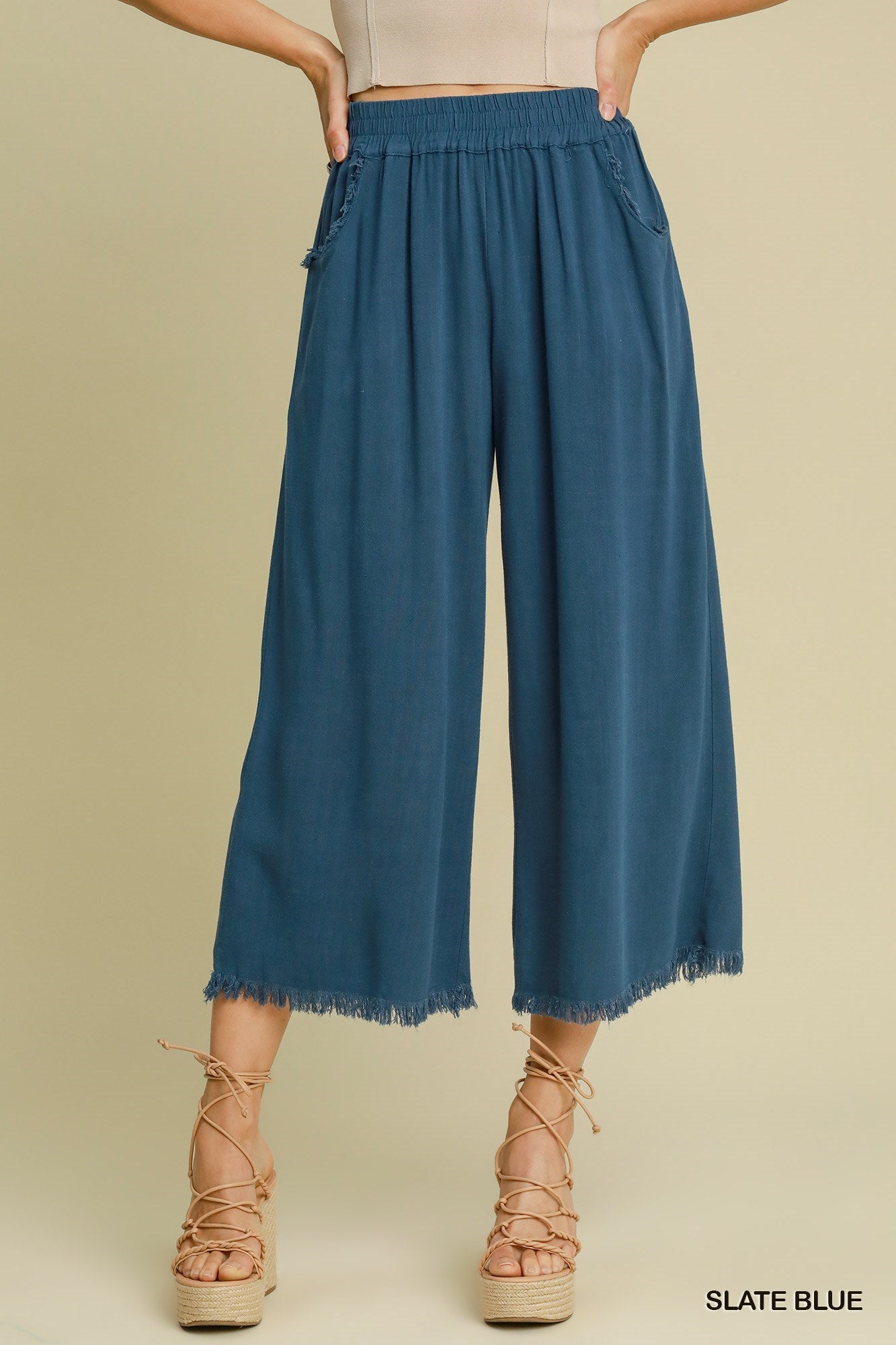 Blue Linen Frayed Hem Pants