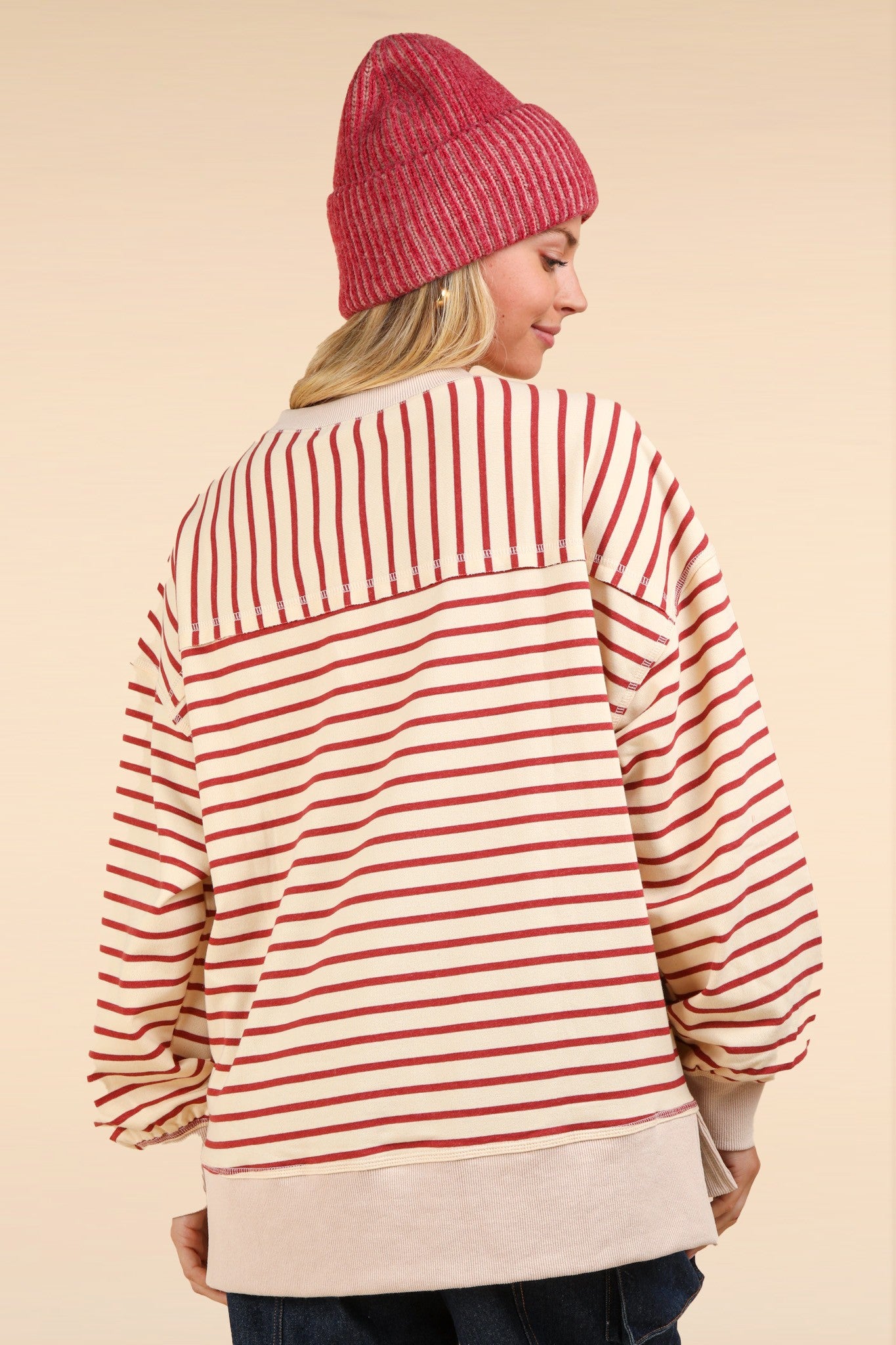 Rust/Beige Striped Crewneck Top
