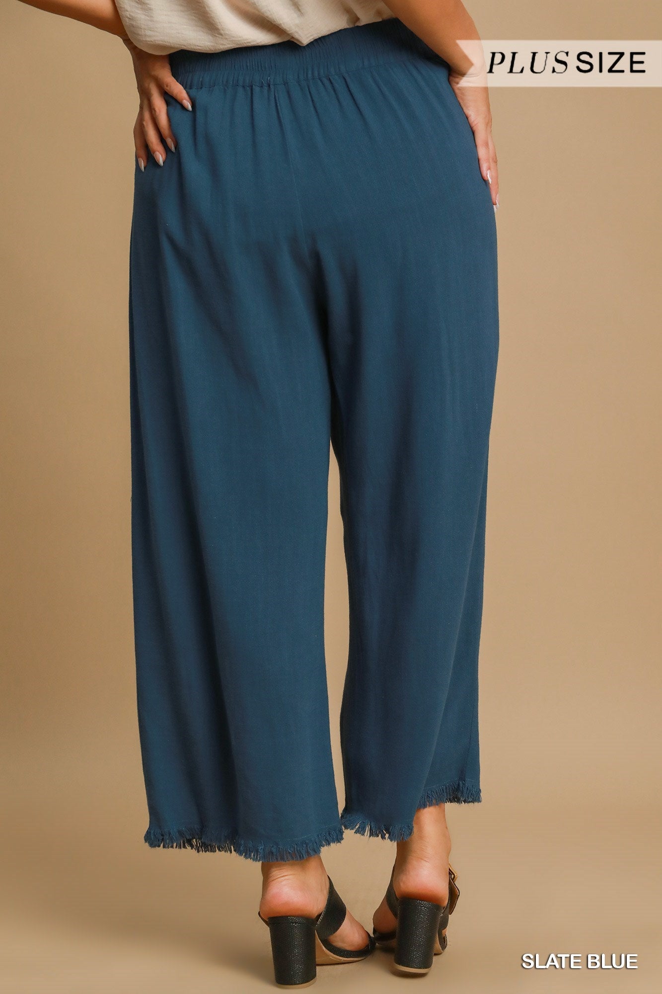 Curvy Blue Linen Frayed Hem Pants