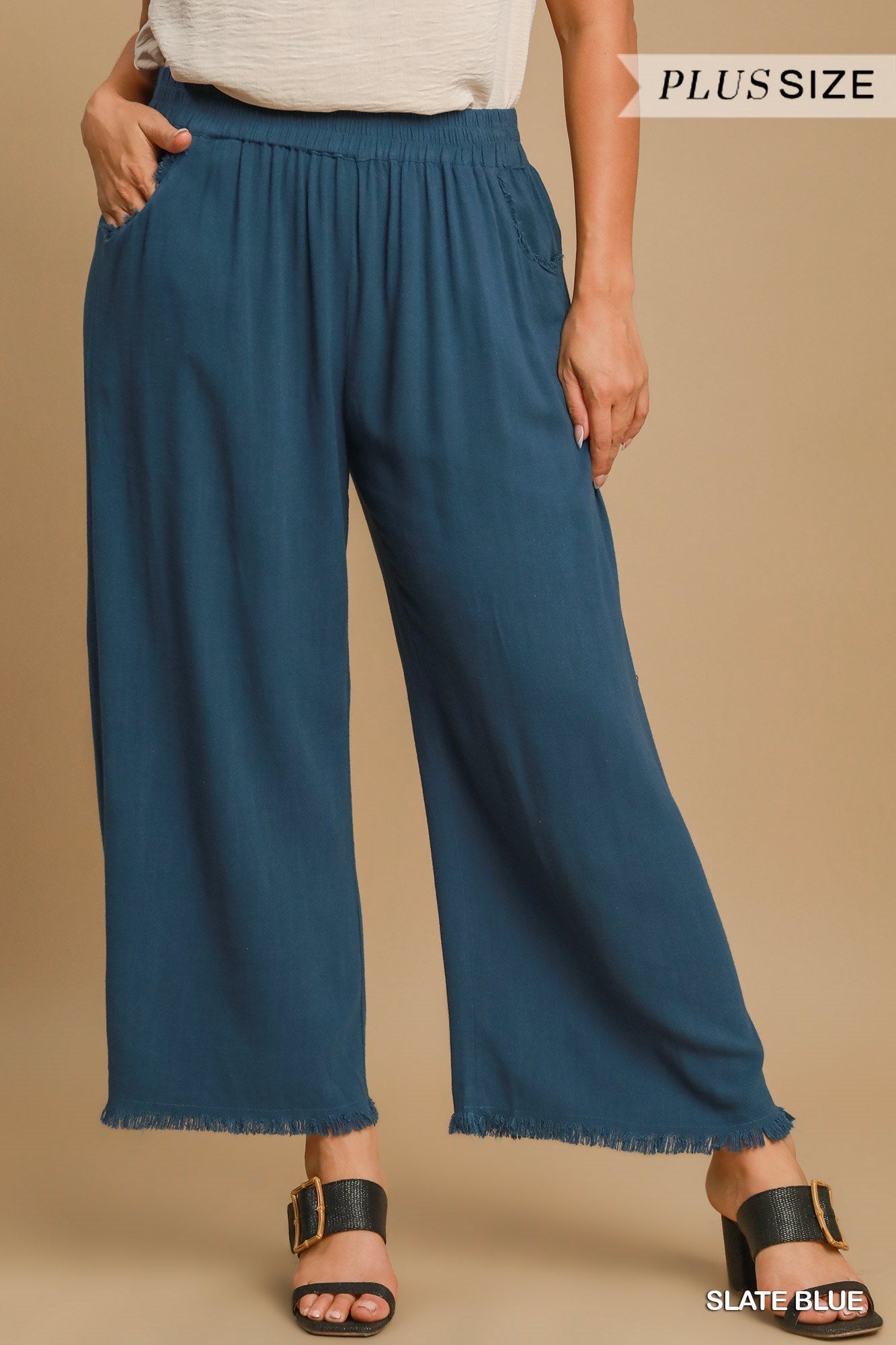 Curvy Blue Linen Frayed Hem Pants