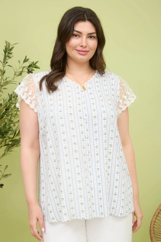 Curvy Blue Floral Button Detail Top